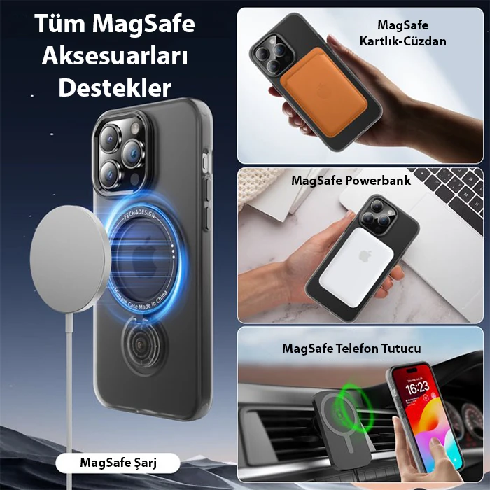 ALLY iPhone 15 Pro Max İçin Magsafe Uyumlu Standlı Manyetik Silikon Kılıf-(5775) - Siyah
