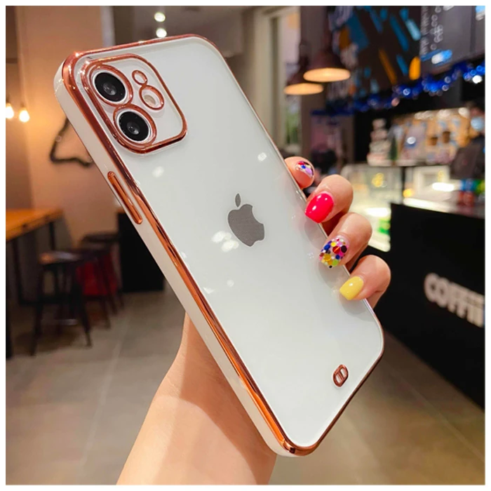 iPhone 12 6.1inç Gold Çerçeve Kamera Korumalı Silikon Bumper Kılıf-(5775) - Pembe