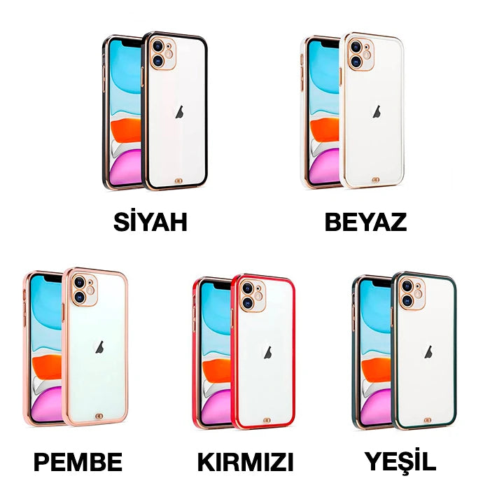 iPhone 12 6.1inç Gold Çerçeve Kamera Korumalı Silikon Bumper Kılıf-(5775) - Pembe