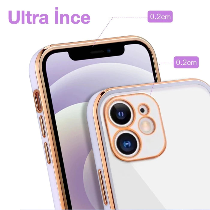 iPhone 12 6.1inç Gold Çerçeve Kamera Korumalı Silikon Bumper Kılıf-(5775) - Pembe