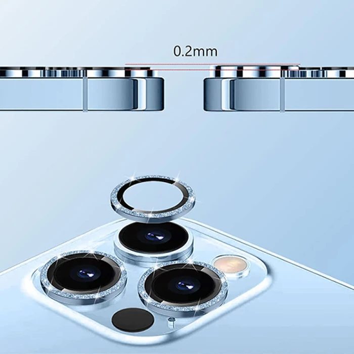 ALLY iPhone 14-14 Plus Diamond Taş İşlemeli Alüminyum Alaşımlı Kamera Lens Koruyucu-(5775) - Açık Mavi