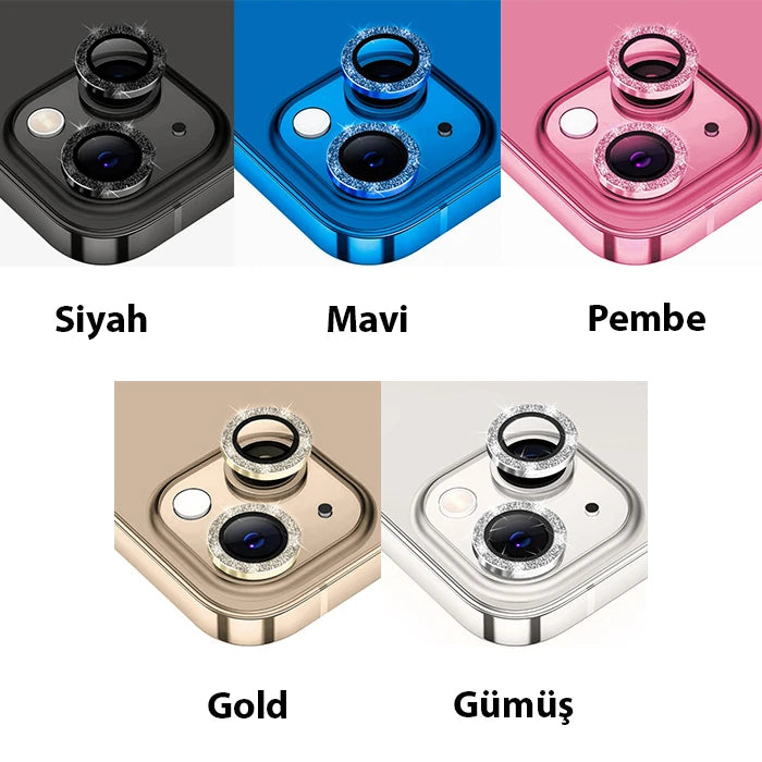ALLY iPhone 14-14 Plus Diamond Taş İşlemeli Alüminyum Alaşımlı Kamera Lens Koruyucu-(5775) - Gümüş