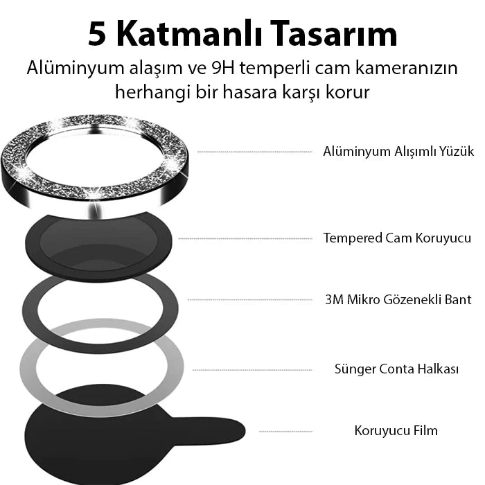 ALLY iPhone 14-14 Plus Diamond Taş İşlemeli Alüminyum Alaşımlı Kamera Lens Koruyucu-(5775) - Açık Mavi