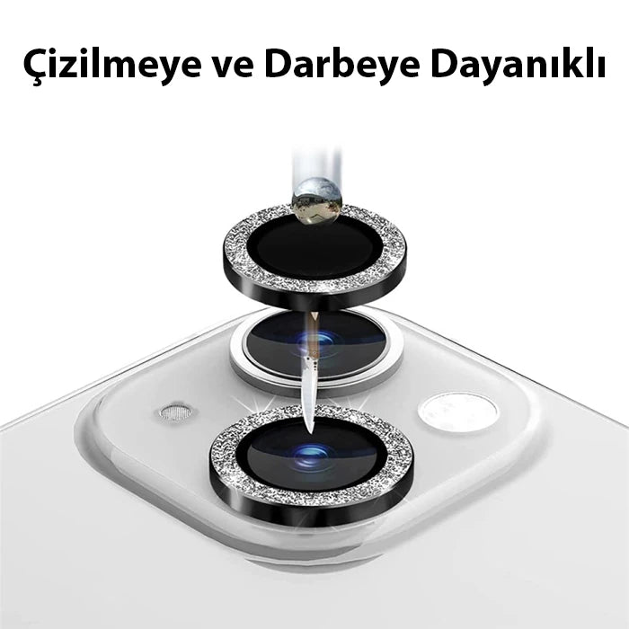 ALLY iPhone 14-14 Plus Diamond Taş İşlemeli Alüminyum Alaşımlı Kamera Lens Koruyucu-(5775) - Gümüş