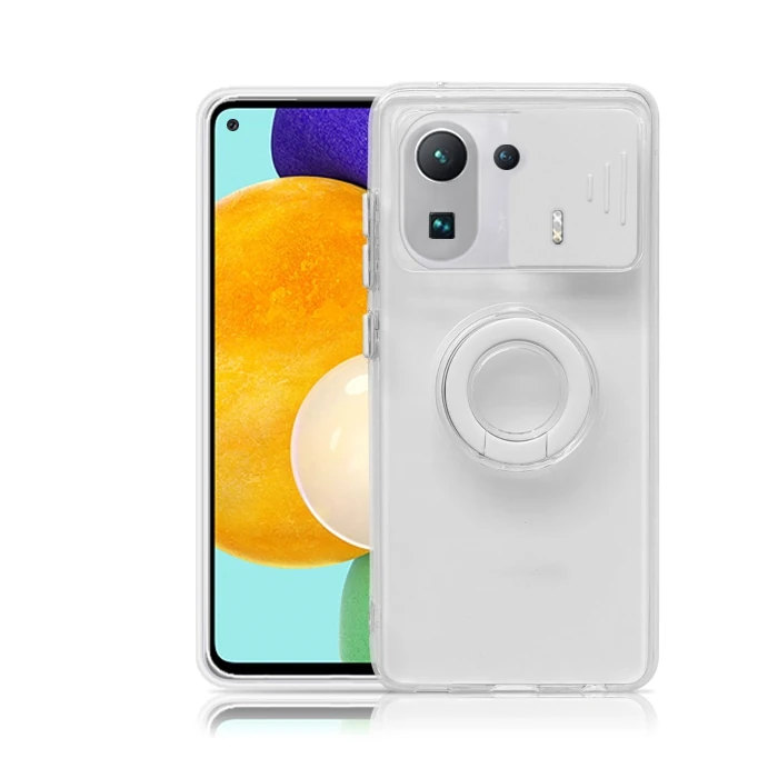Ally Xiaomi Mi 11 Pro Kılıf Sürgülü Kamera Lens Korumalı Yüzük Standlı Silikon Kılıf-(5775) - Beyaz
