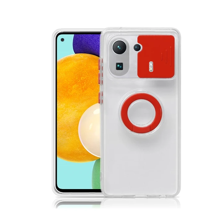 Ally Xiaomi Mi 11 Pro Kılıf Sürgülü Kamera Lens Korumalı Yüzük Standlı Silikon Kılıf-(5775) - Beyaz