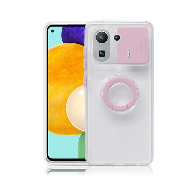 Ally Xiaomi Mi 11 Pro Kılıf Sürgülü Kamera Lens Korumalı Yüzük Standlı Silikon Kılıf-(5775) - Beyaz