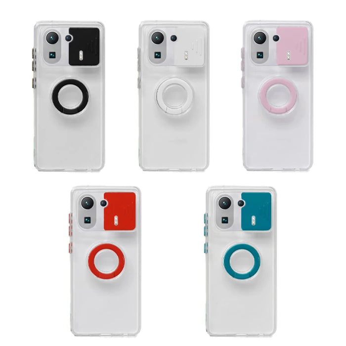 Ally Xiaomi Mi 11 Pro Kılıf Sürgülü Kamera Lens Korumalı Yüzük Standlı Silikon Kılıf-(5775) - Kırmızı