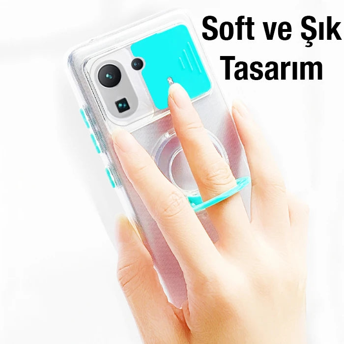 Ally Xiaomi Mi 11 Pro Kılıf Sürgülü Kamera Lens Korumalı Yüzük Standlı Silikon Kılıf-(5775) - Beyaz