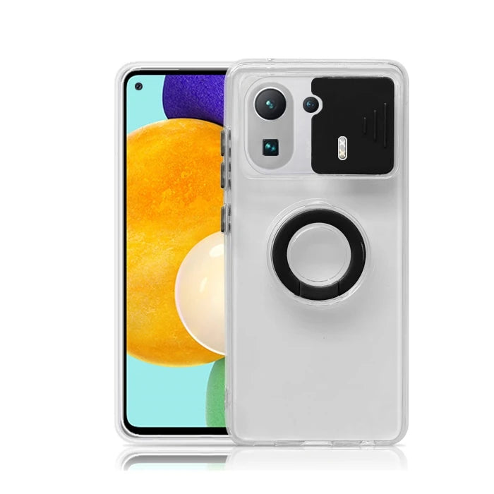 Ally Xiaomi Mi 11 Pro Kılıf Sürgülü Kamera Lens Korumalı Yüzük Standlı Silikon Kılıf-(5775) - Beyaz