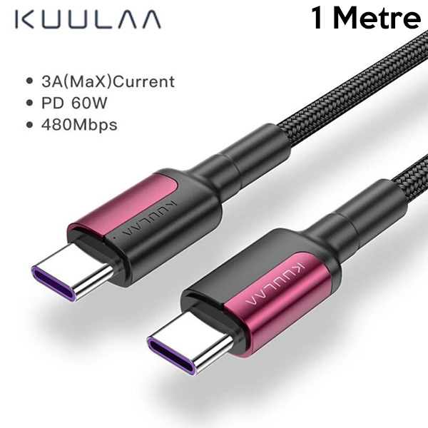 KUULAA Type C Type-C PD 60W QC4.0 Hızlı Şarj ve Data Kablosu 1Metre-(5775) - Siyah-Gri