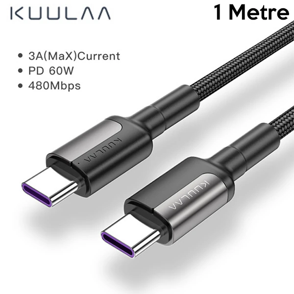 KUULAA Type C Type-C PD 60W QC4.0 Hızlı Şarj ve Data Kablosu 1Metre-(5775) - Siyah-Gri