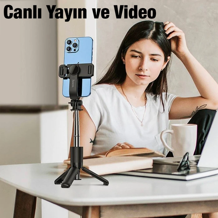 HOCO K17 Bluetooth Uzaktan Kontrol Selfie Çubuğu Tripod Mini Canlı Yayın Standı-(5775) - Siyah