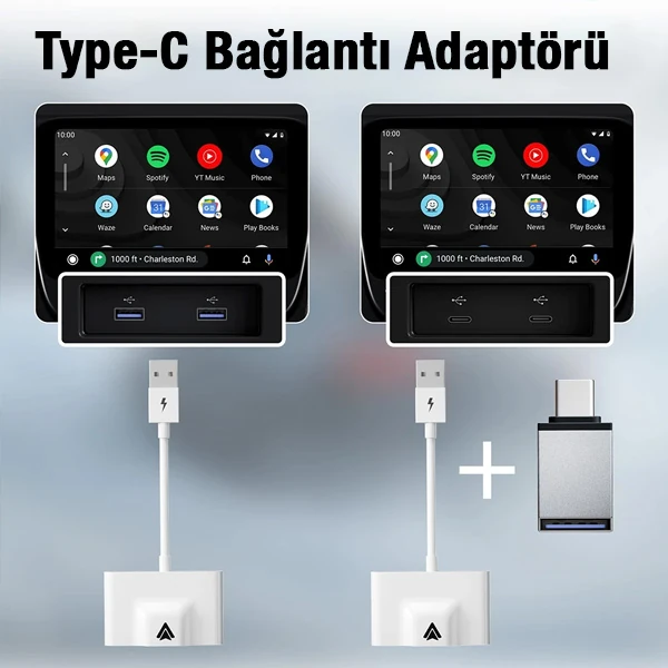 Ally Usb+Type-C Android Kablosuz Carplay Adaptör Çevirici - Youtube Netflix Tiktok Video Yansıtıcı-(5775) - Siyah