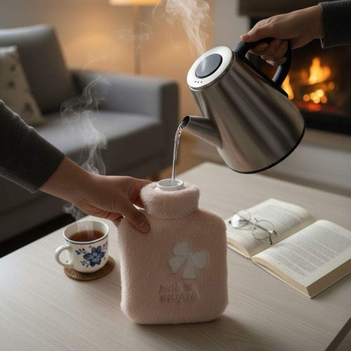 Hello Everyone Yazılı Kurdeleli Pembe Peluş Sıcak Su Torbası 1 Lt – Yumuşak Kılıf, Uzun Süre Sıcak Tutan Termal Su Torbası (5286)
