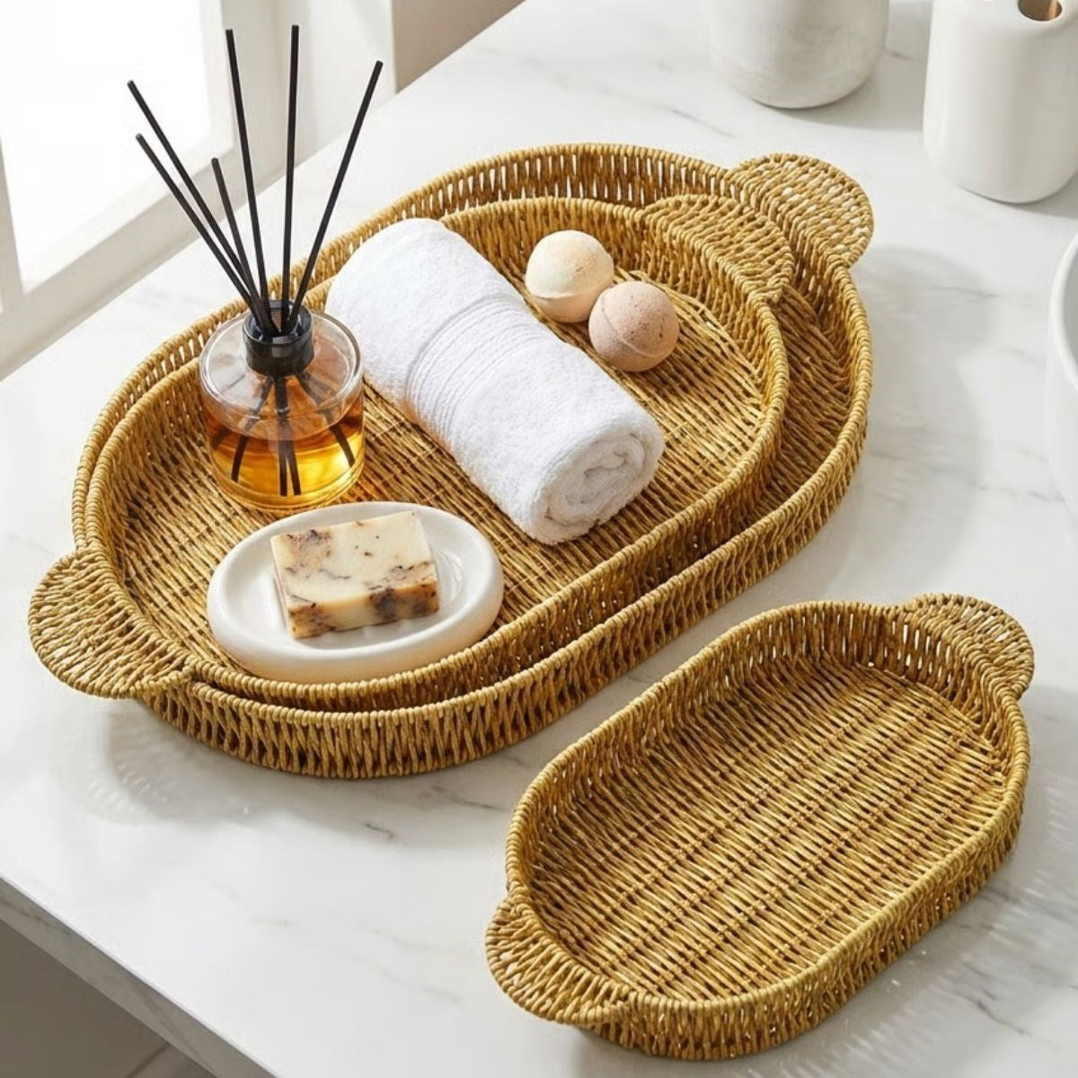 İç İçe Geçebilen 3’lü Oval Plastik Rattan Tepsi Seti–Hasır Görünümlü Çok Amaçlı Servis ve Sunum Tepsileri (5286)
