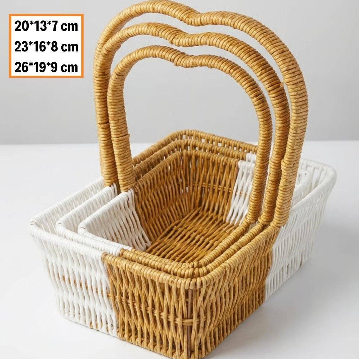 İç İçe Geçebilen 3’lü Çift Renkli Dikdörtgen Formlu Kalp Saplı Plastik Rattan Sepet Seti – Hasır Görünümlü Çok Amaçlı Organizerler (5286)