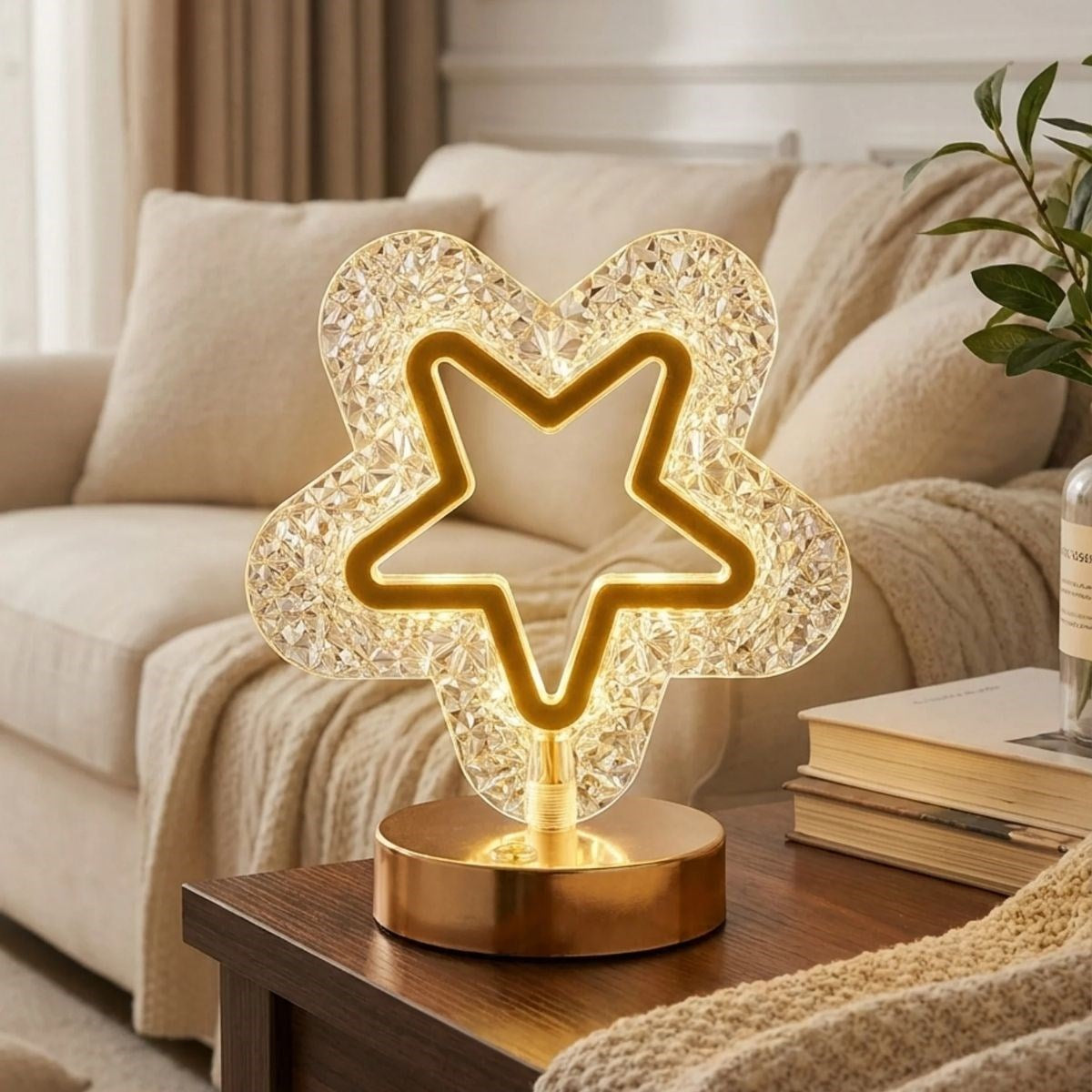 İçi Boş Yıldız Şeklinde Kristal LED Masa Lambası – Dokunmatik, 3 Renk Işık Modlu, Şarjlı Mini Dekoratif Gece Lambası (5286)