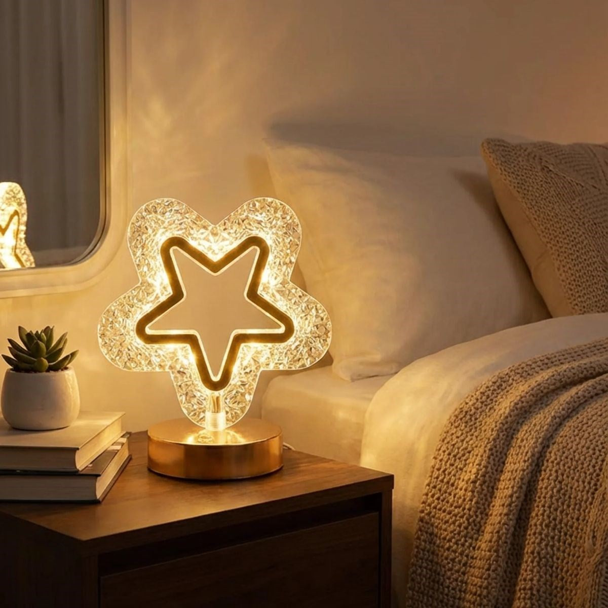 İçi Boş Yıldız Şeklinde Kristal LED Masa Lambası – Dokunmatik, 3 Renk Işık Modlu, Şarjlı Mini Dekoratif Gece Lambası (5286)