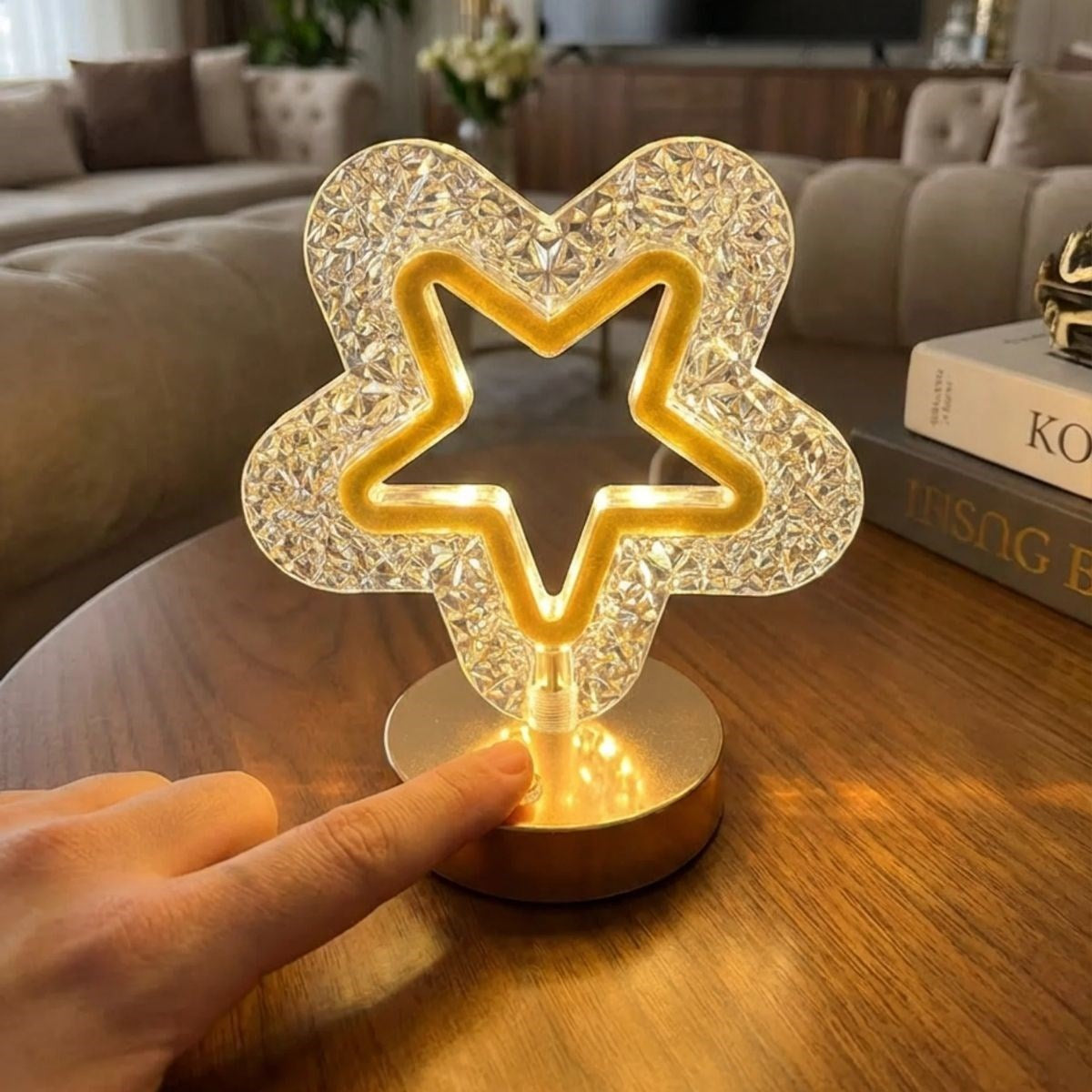 İçi Boş Yıldız Şeklinde Kristal LED Masa Lambası – Dokunmatik, 3 Renk Işık Modlu, Şarjlı Mini Dekoratif Gece Lambası (5286)