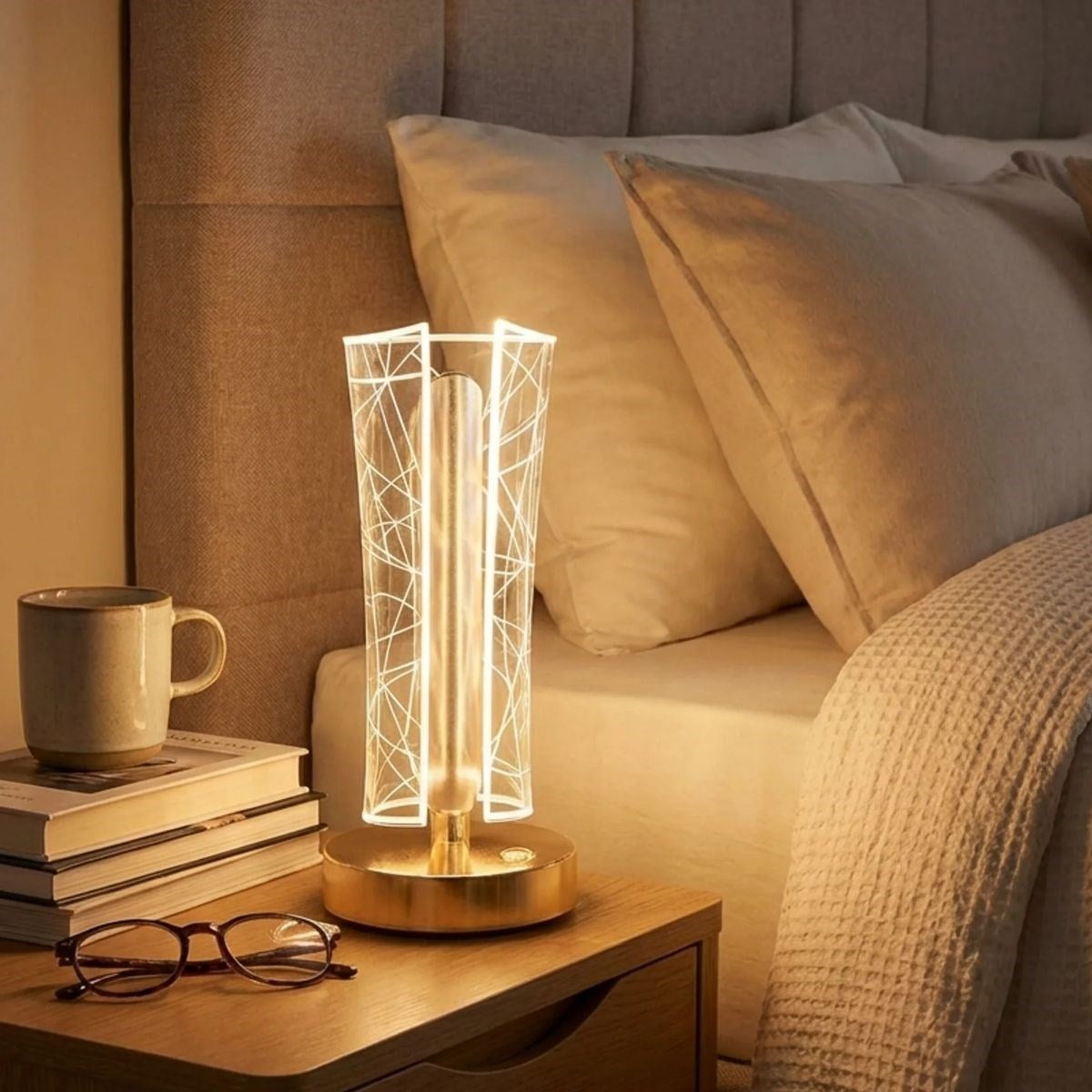 İki Yandan Kavisli Silindirik Geometrik Çizgi Model Kristal LED Masa Lambası – Dokunmatik, 3 Renk Işık Modlu, Şarjlı Dekoratif Gece Lambası (5286)