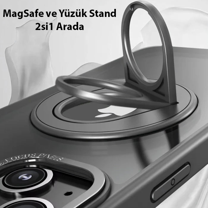 ALLY iPhone 15 Plus İçin Magsafe Uyumlu Yüzük Standlı Manyetik Silikon Kılıf-(5775) - Siyah