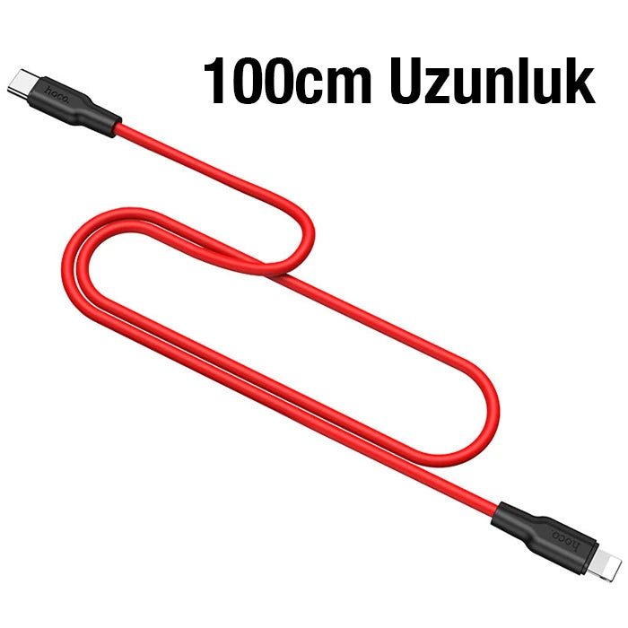 HOCO X21 Plus PD 20W Type-C to iPhone Lightning Silikon Hızlı Şarj ve Data Kablosu-(5775) - Siyah-Kırmızı