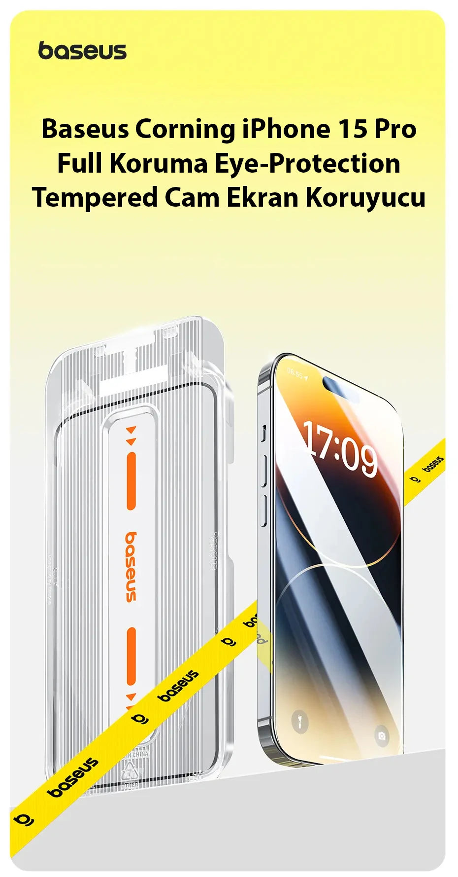 Baseus Corning iPhone 15 Pro Full Koruma Eye-Protection Tempered Cam Ekran Koruyucu-(5775) - Şeffaf 2
