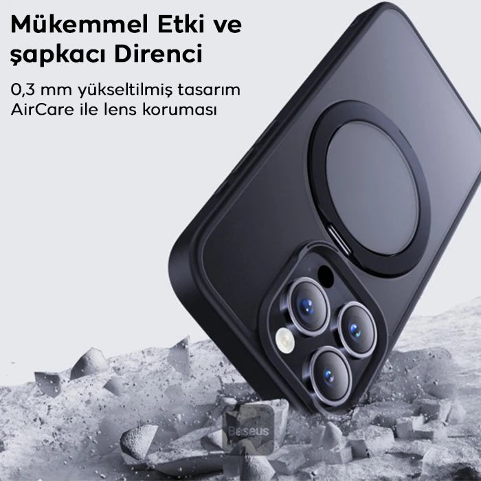 Baseus iPhone 15 Plus SkyRing Serisi Standlı Magsafe Manyetik Kılıf + Tempered Ekran Koruyucu Set-(5775) - Siyah