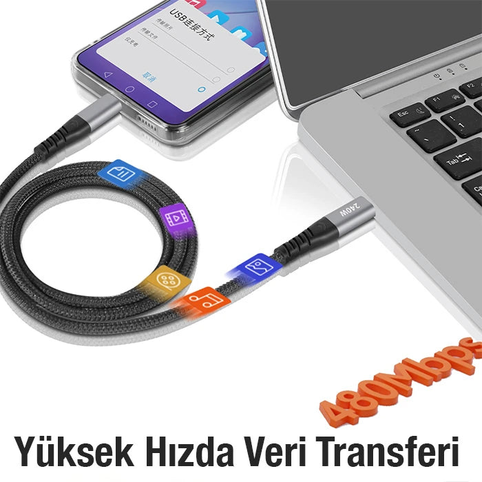 ALLY 240W Type-C To Type-C Laptop Telefon Hızlı Data ve Şarj Kablosu-(5775) - Siyah