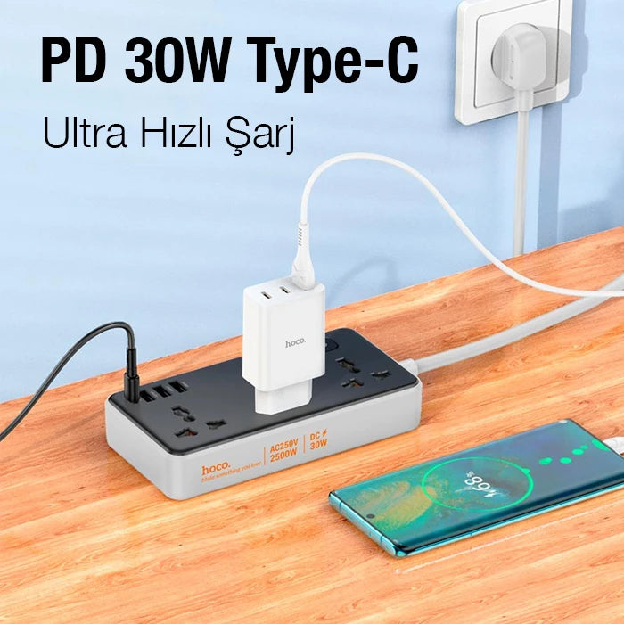 HOCO AC8A 2500W 3 Priz + 3 USB + 30W Type-C Multifonksiyonel Priz Çoğaltıcı Şarj Aleti-(5775) - Beyaz