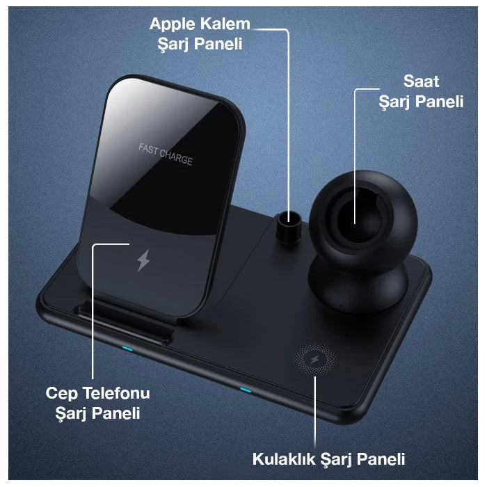 ALLY W58 15W Qi Hızlı Şarj 4 in 1 iPhone+ AirPods Pro Kablosuz Şarj Standı-(5775) - Siyah