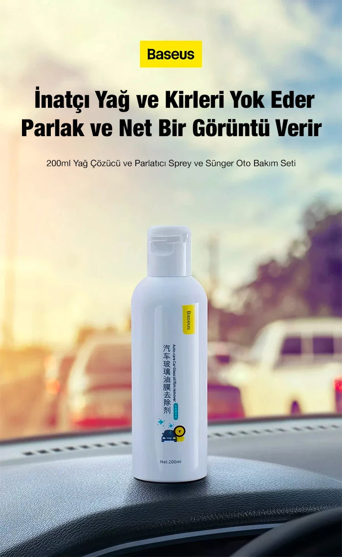 Baseus Araç Bakım Ön Cam Temizliği 200ml Yağ Çözücü ve Parlatıcı Sprey ve Sünger Oto Bakım Seti-(5775) - Beyaz