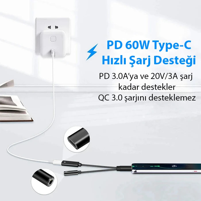 Ally İphone 15 İçin Type-c Şarj + 3.5mm kulaklık 2İn1 Çevirici Adaptör-(5775) - Siyah