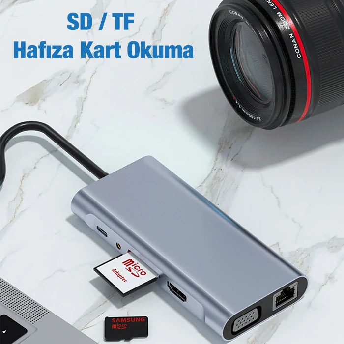 ALLY BYL-2110 11in1 Multifonksiyonlu Type-C Hub Adaptör Dönüştürücü-(5775) - Füme
