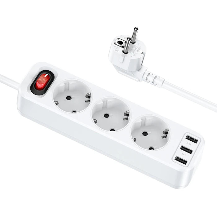 HOCO NS2 3'lü Priz 3 USB 4000W 1.8 Metre Şarj Uzatma Kablosu Akım Korumalı-(5775) - Beyaz