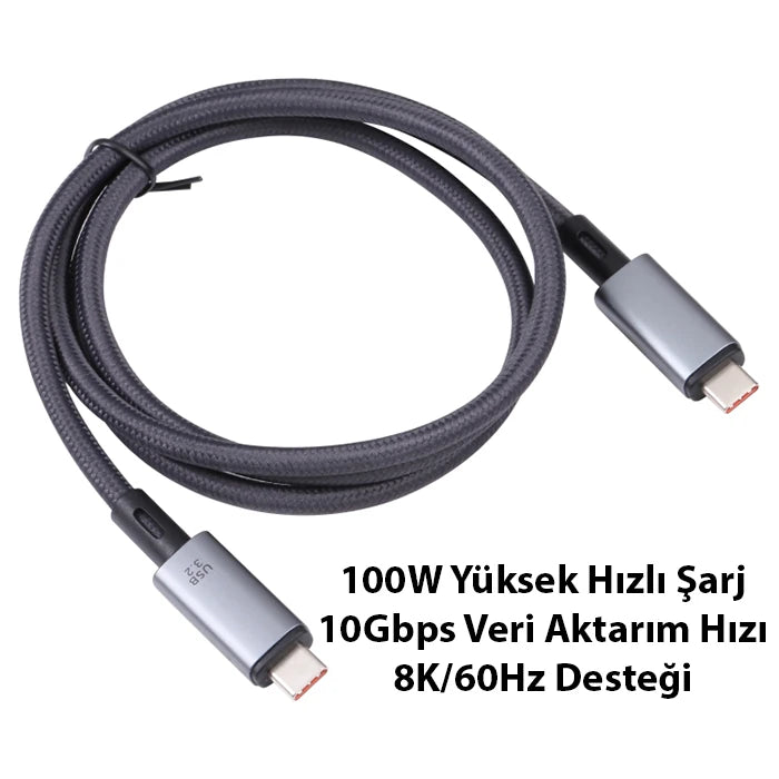 Ally USB 3.2 100W Type-C to Type-C 8K Görüntü-Data ve Ultra Hızlı Şarj Kablosu 1 Metre-(5775) - Siyah