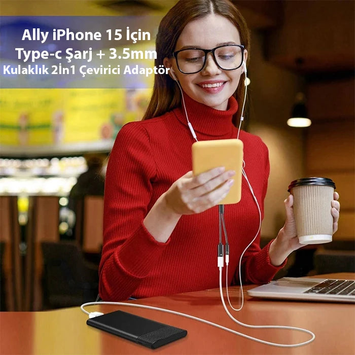 Ally İphone 15 İçin Type-c Şarj + 3.5mm kulaklık 2İn1 Çevirici Adaptör-(5775) - Siyah