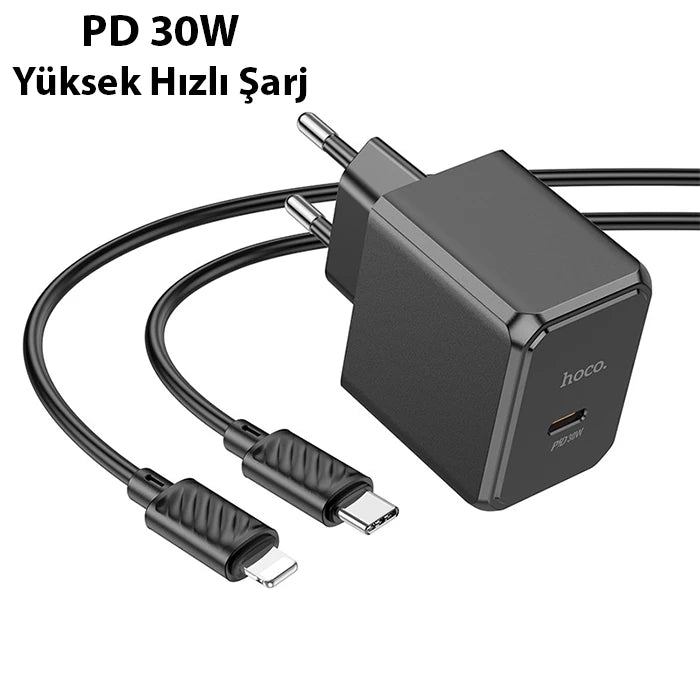 HOCO CS15A 30W Type-C Şarj Aleti + Type-C to iPhone Lightning Kablo Seti-(5775) - Siyah