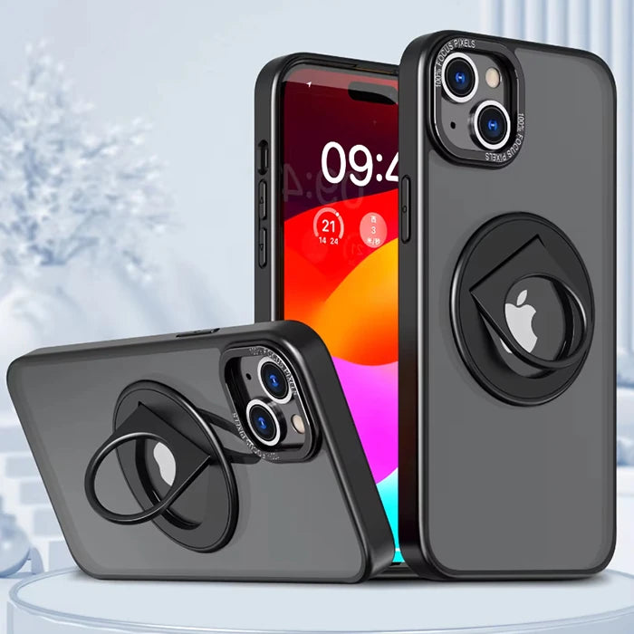 ALLY iPhone 15 Plus İçin Magsafe Uyumlu Yüzük Standlı Manyetik Silikon Kılıf-(5775) - Siyah