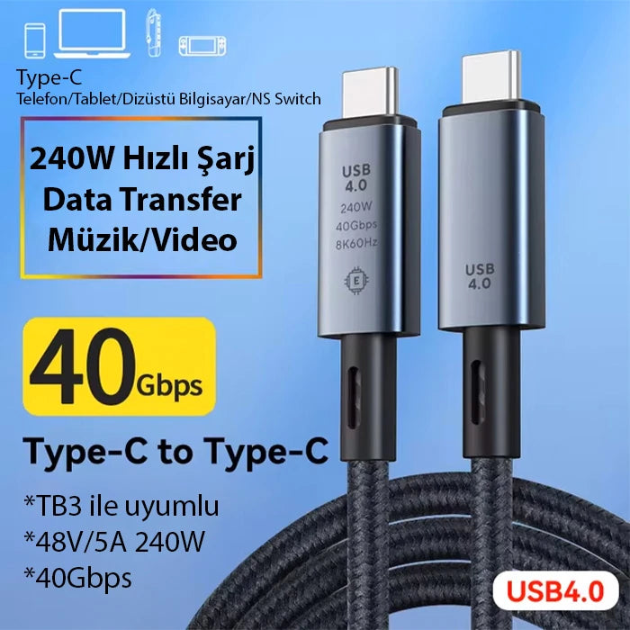 ALLY 40Gbps 240W Type-C 8K Görüntü ve Hızlı Data Şarj Kablosu-(5775) - Siyah