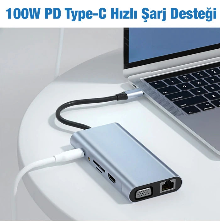 ALLY BYL-2110 11in1 Multifonksiyonlu Type-C Hub Adaptör Dönüştürücü-(5775) - Füme