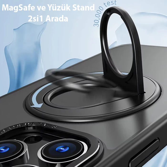 ALLY iPhone 15 Pro Max İçin Magsafe Uyumlu Yüzük Standlı Manyetik Silikon Kılıf-(5775) - Siyah