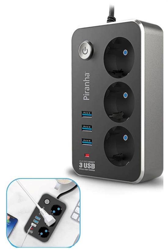Isıya Dayanıklı Termal Akım Korumalı 2 Mt 10A 2500W 3lü Priz ve 3 Usbi 2.1A Uzatma Kablosu (5286)