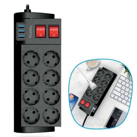 Isıya Dayanıklı Termal Akım Korumalı 2 Metre 16A 4000W 8li Priz ve 3 Usb Li Uzatma Kablosu (5286)