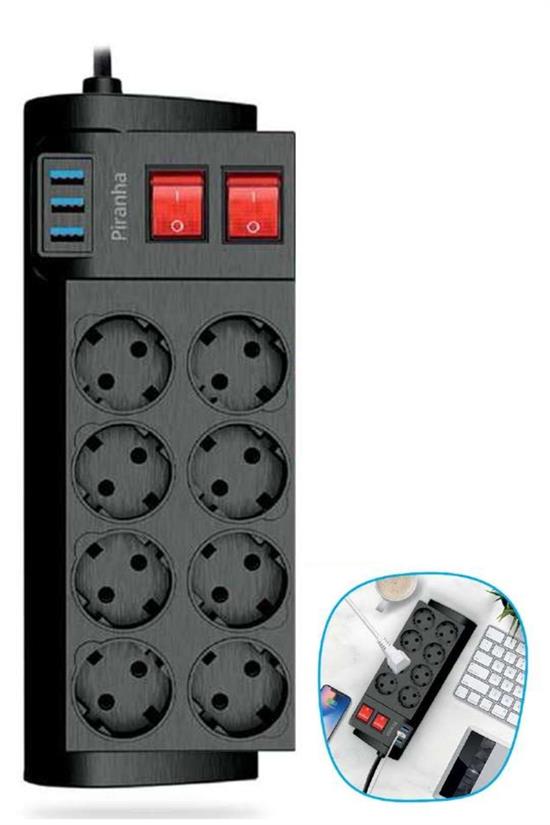 Isıya Dayanıklı Termal Akım Korumalı 2 Metre 16A 4000W 8li Priz ve 3 Usb Li Uzatma Kablosu (5286)