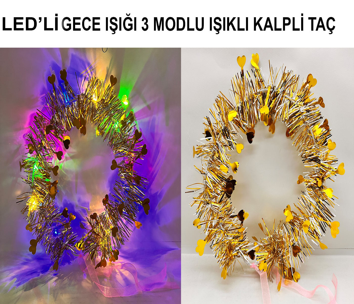 Kalp Püsküllü Gece Parıltısı 3 Modlu LED'li Işıklı Taç Altın Renk (5286)