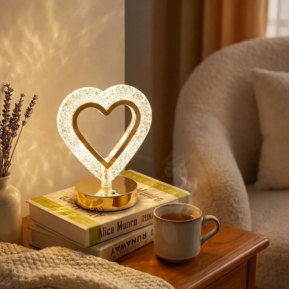 Kalp Şeklinde Kristal LED Masa Lambası – Dokunmatik, 3 Renk Işık Modlu, Şarjlı Mini Dekoratif Gece Lambası (5286)