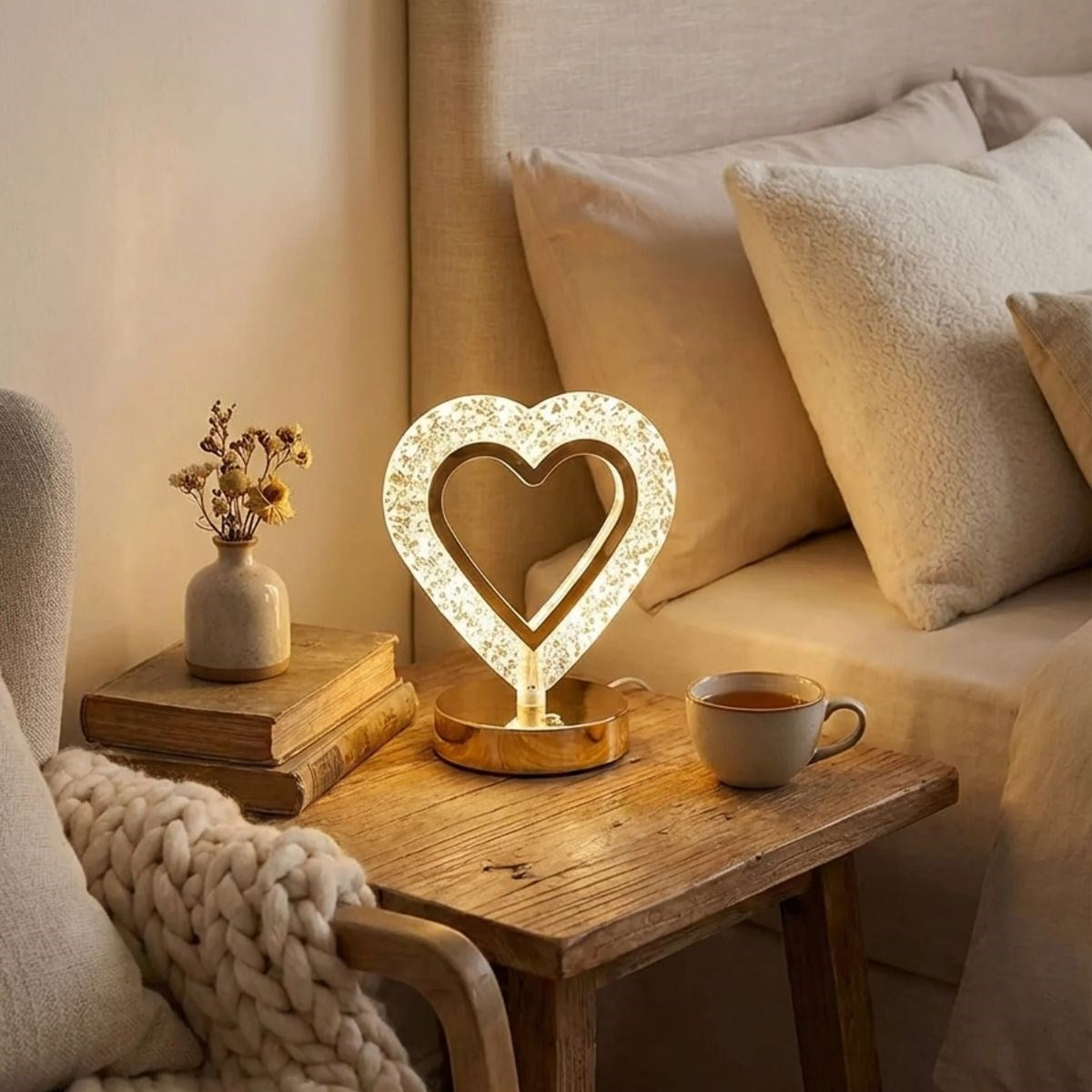 Kalp Şeklinde Kristal LED Masa Lambası – Dokunmatik, 3 Renk Işık Modlu, Şarjlı Mini Dekoratif Gece Lambası (5286)
