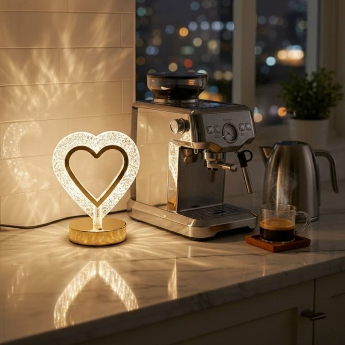 Kalp Şeklinde Kristal LED Masa Lambası – Dokunmatik, 3 Renk Işık Modlu, Şarjlı Mini Dekoratif Gece Lambası (5286)